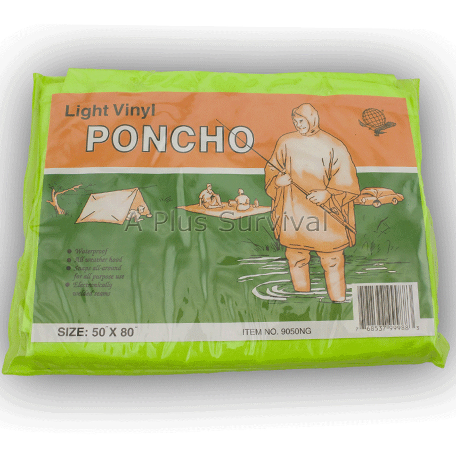 Neon Green Vinyl Emergency Poncho 50″ x 80″ – Stay Dry! Survival Kit Must!