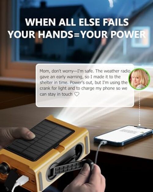 Emergency Weather Radio with Large Solar Panel, Efficient Hand Crank & Yellow