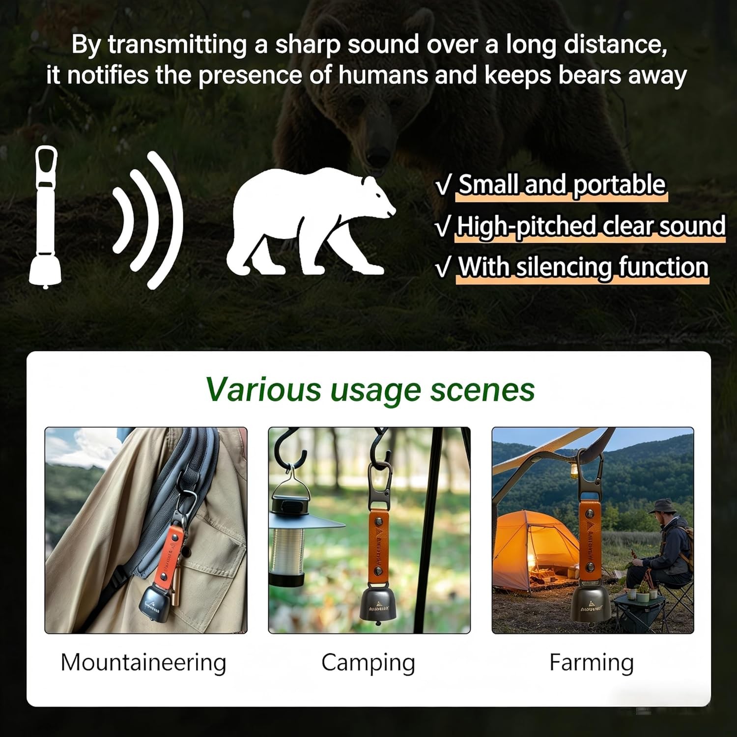 Auroraki’s Loud Bear Bell with Magnetic Silencer for Bear Deterrent, Survival, C