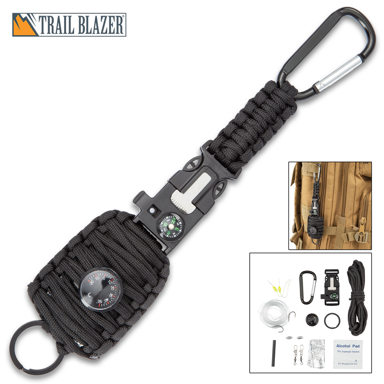 Paracord Fishing Kit Carabiner Survival Emergency Camping Fire Starter Set