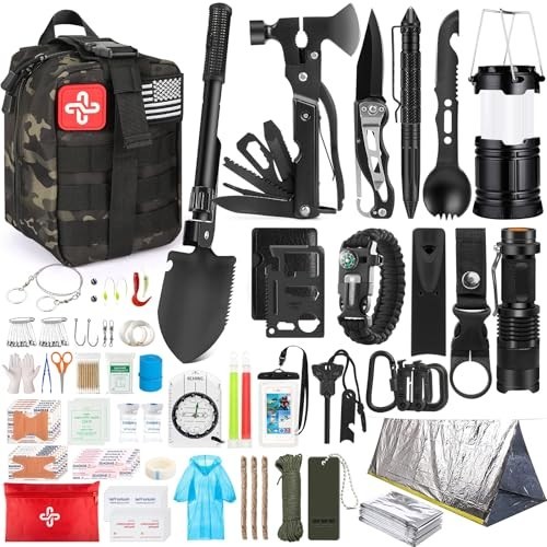 250Pcs Survival Gear Kit with Molle Bag & Emergency Tent – First Aid, Hiking, Ou