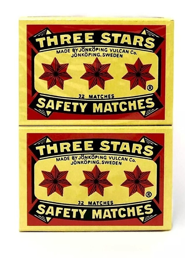 Swedish Camping Matches Three Stars Safety Matches 2 Pks/10 Pks/32 matches ea.