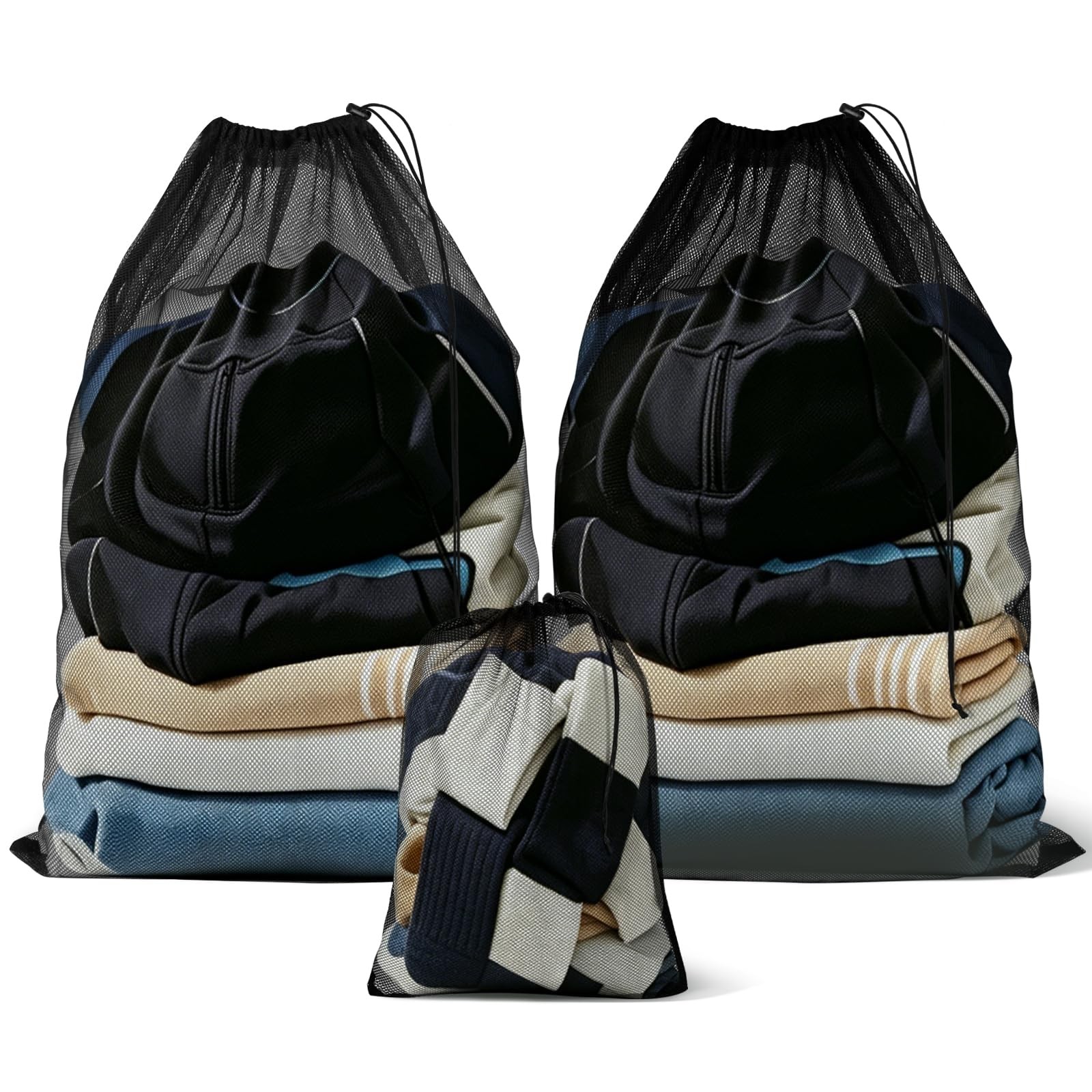 Urxvog 3 Pack Mesh Laundry Bags – 2 Large & 1 Small, 2 & 1 black