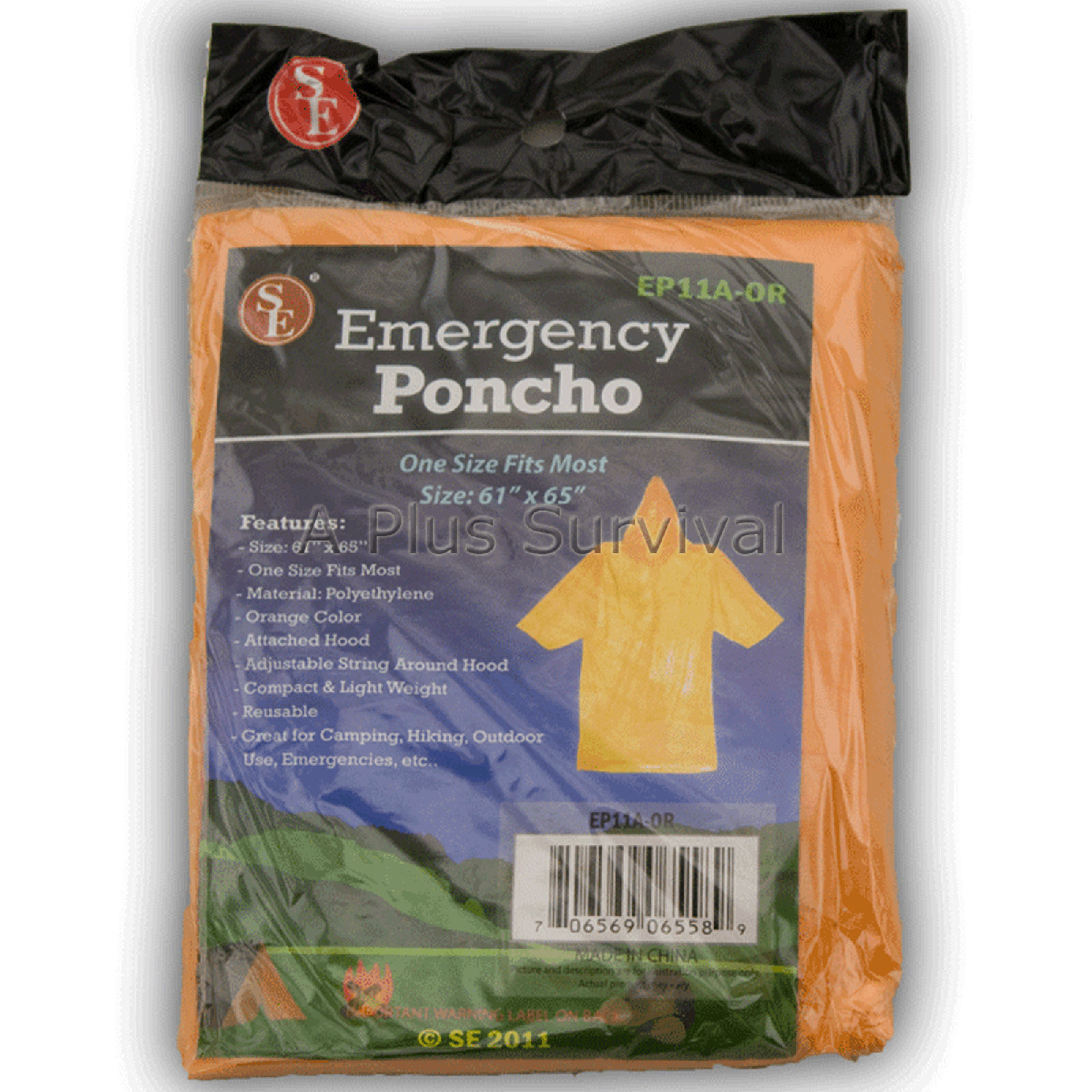 Orange Emergency Hooded Poncho for Camping Survival Emergency Backpack Kit