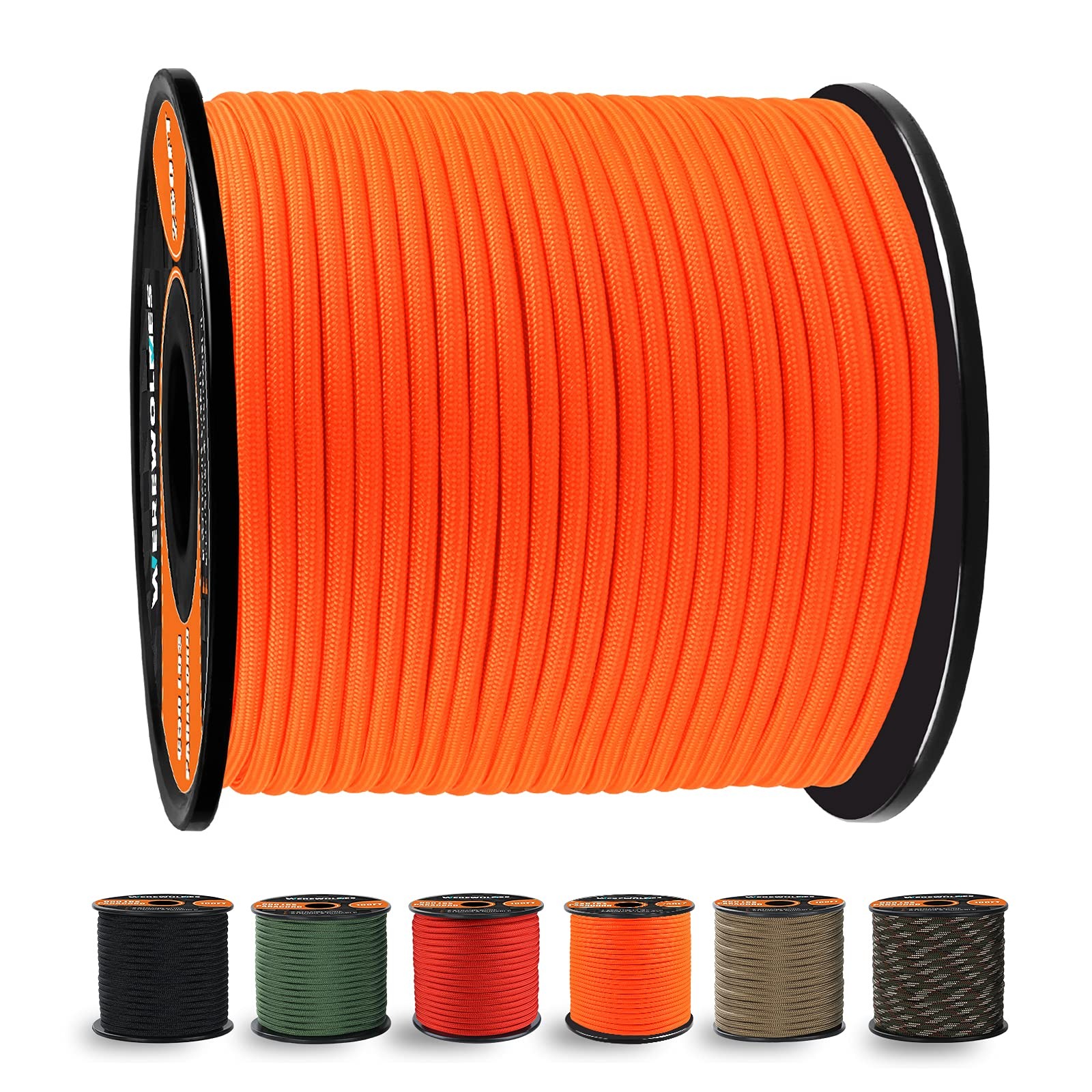 WEREWOLVES 650lb Paracord/Parachute Cord – 9 500 Feet, Neon (Safety) Orange
