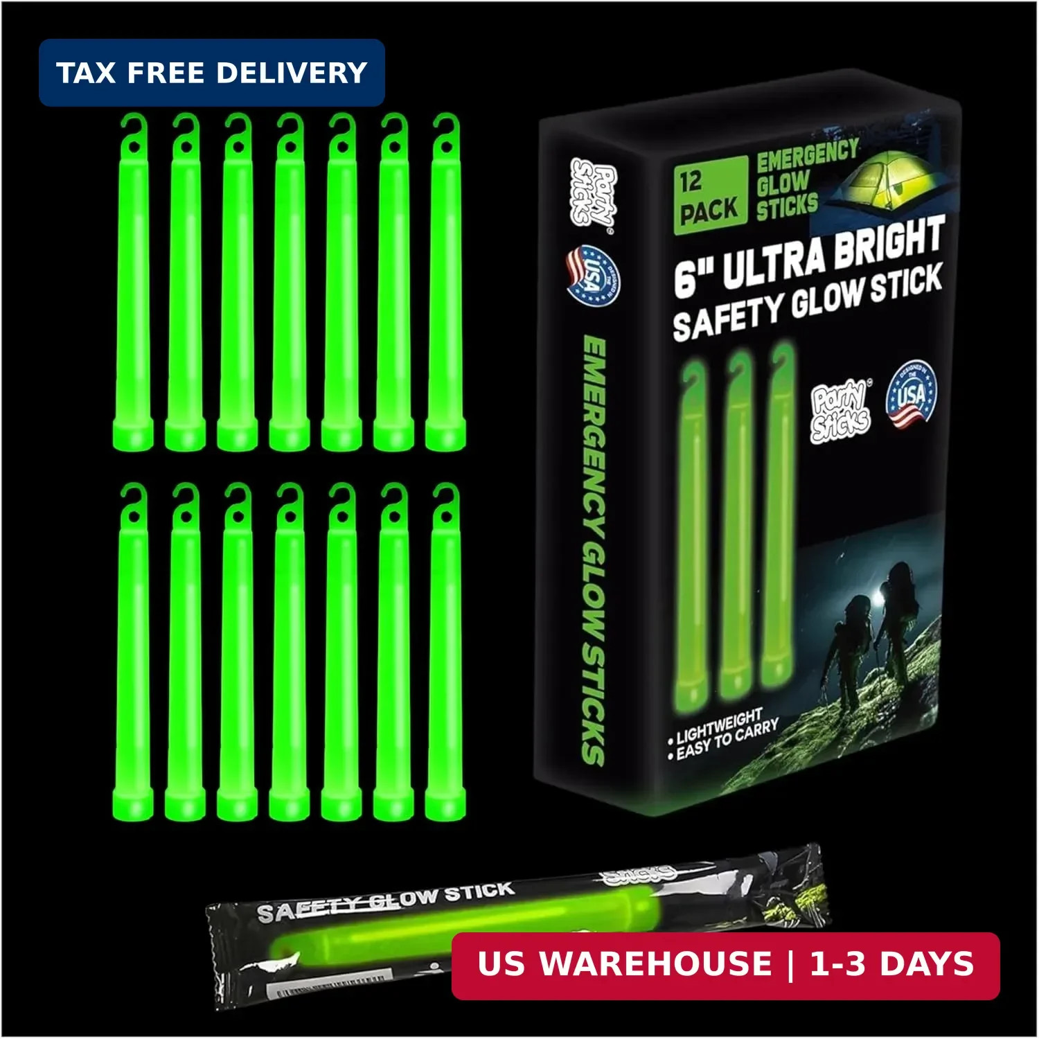 PartySticks Emergency Glow Sticks – 12 Ultra Bright Individually Wrapped Militar