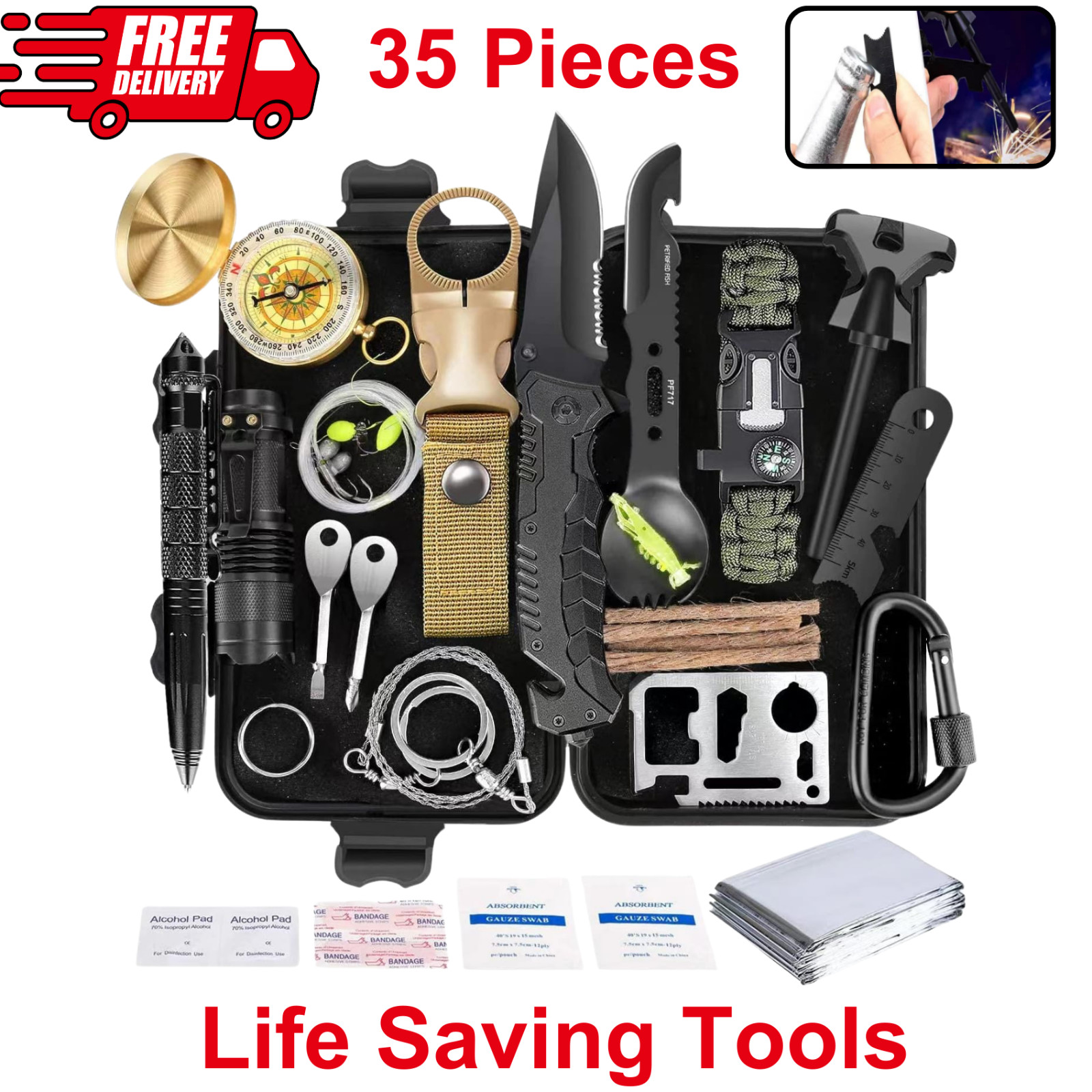 35in1 Survival Kit –First Aid, Emergency Gear for Camping, Hiking, Hunting, Gift