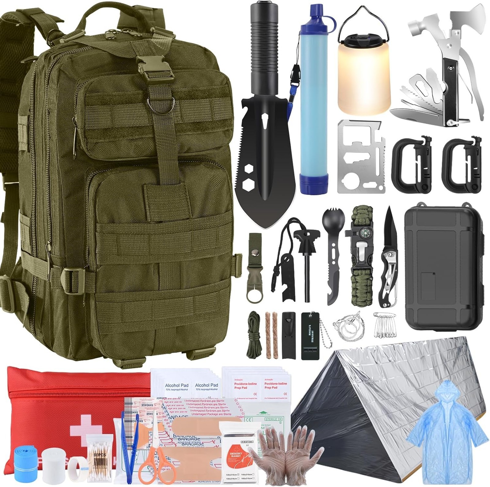 Survival Kit 258 Pcs Water Filter Emergency Tent LED Lantern First Aid Backpack