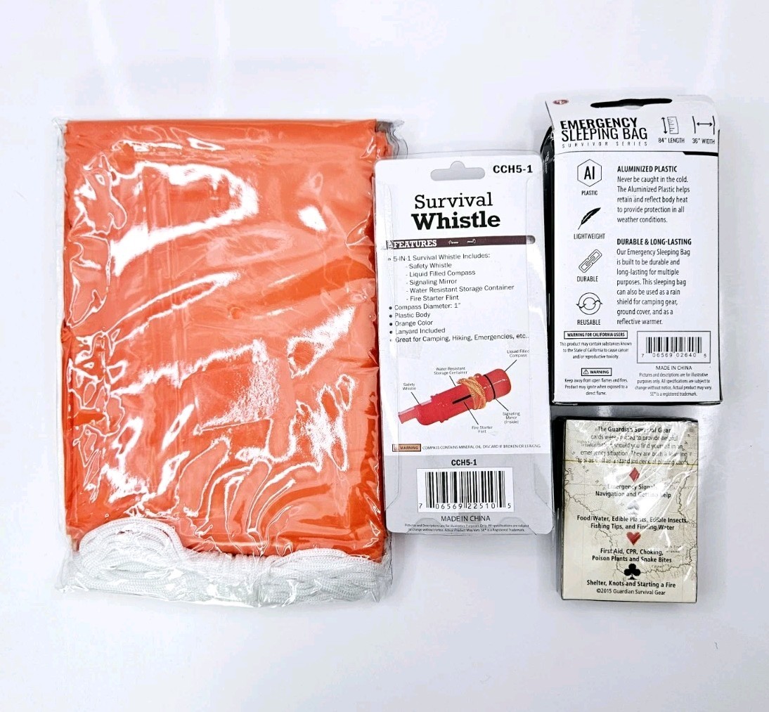 Emergency Survival Kit Camping Shelter Tube Tent, Sleeping Bag, Whistle, Cards