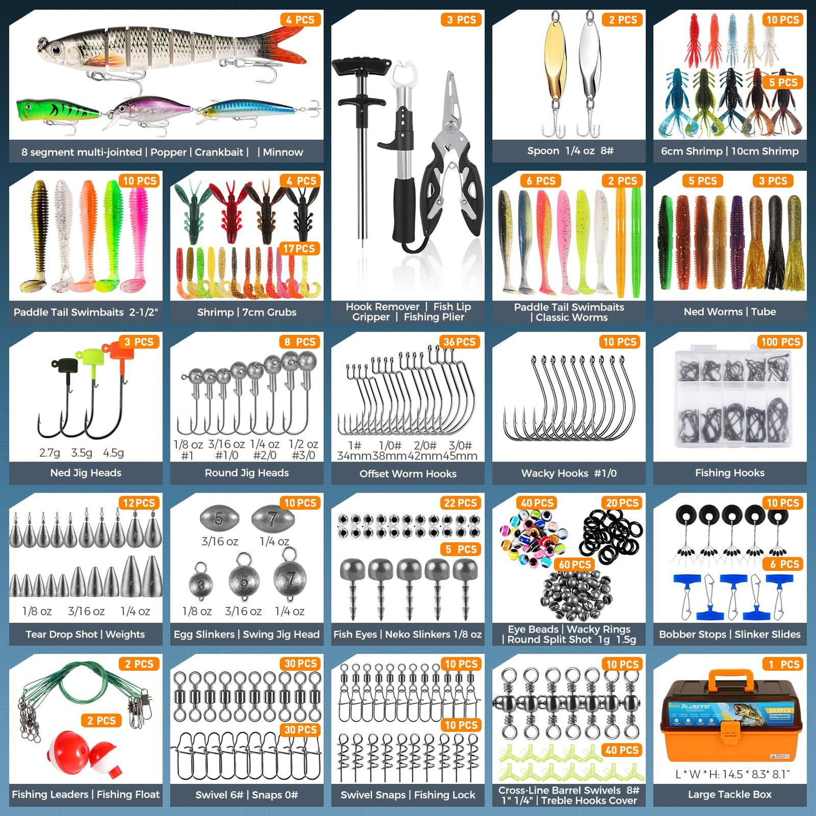 PLUSINNO Large 4-Layer Tackle Box with 14.5″ x 8.3″ x 8.1″, Orange