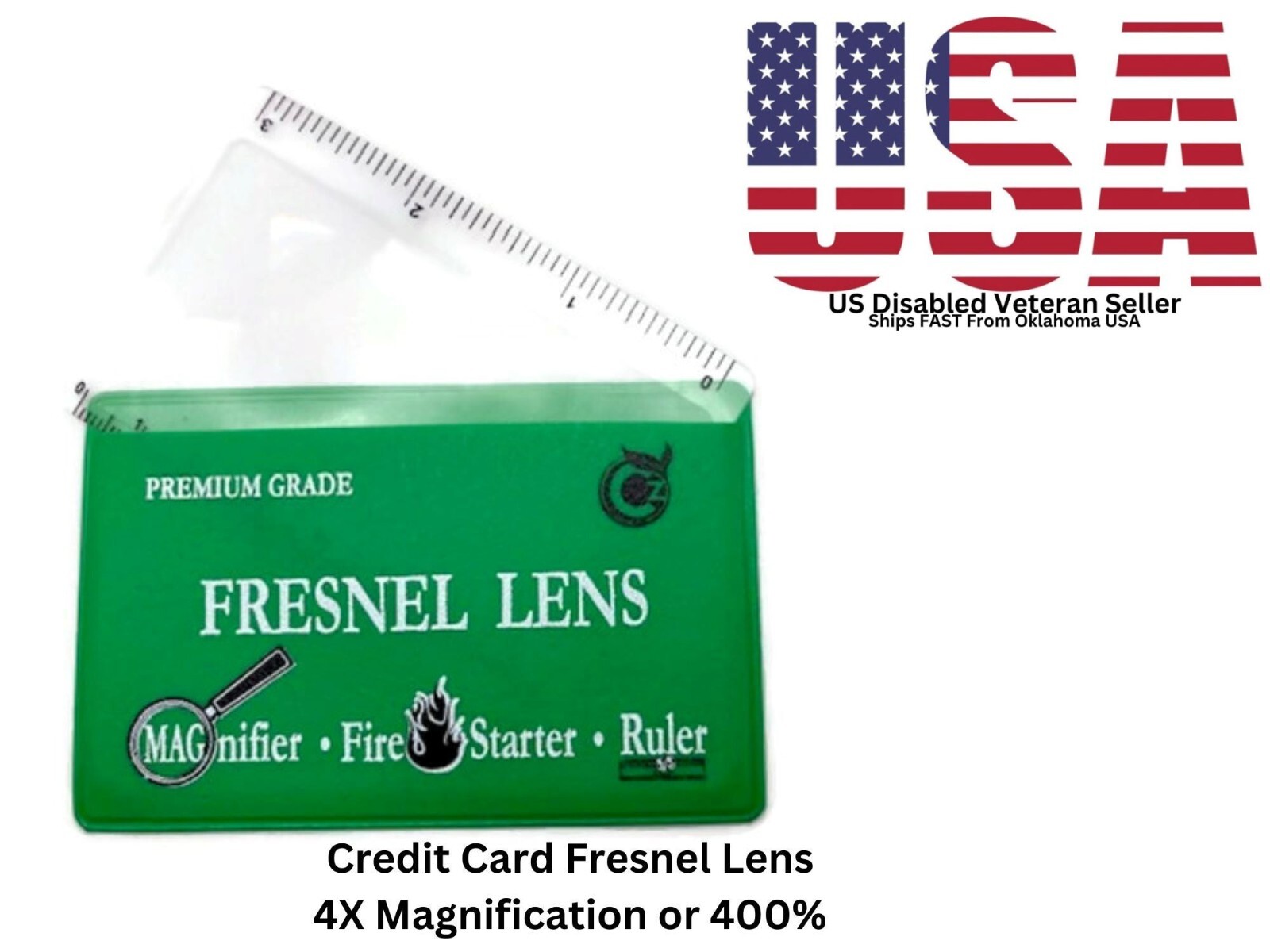Credit Card Size Fresnel Lens 4X Magnification w/Green Sleeve Ships Free