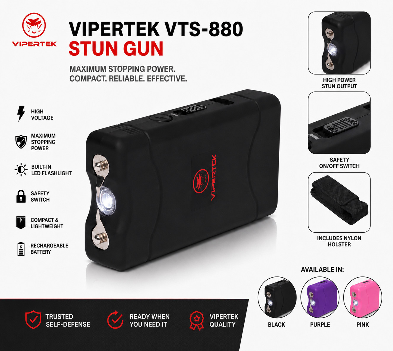 VIPERTEK Stun Gun Self Defense Rechargeable – VTS-880