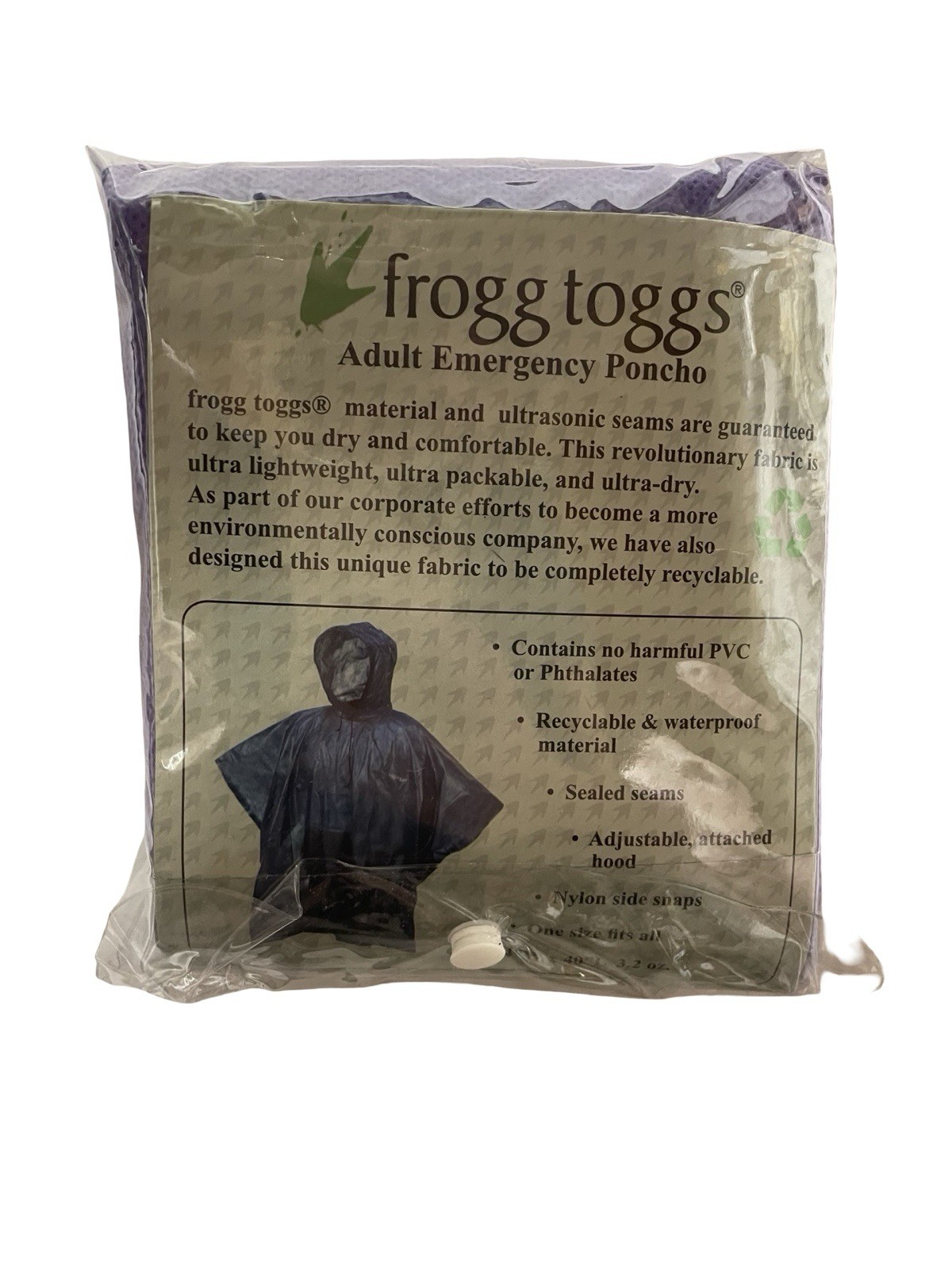 Frogg Toggs Purple Adult Emergency Rain Poncho 1 Size Fits All Travel Packable