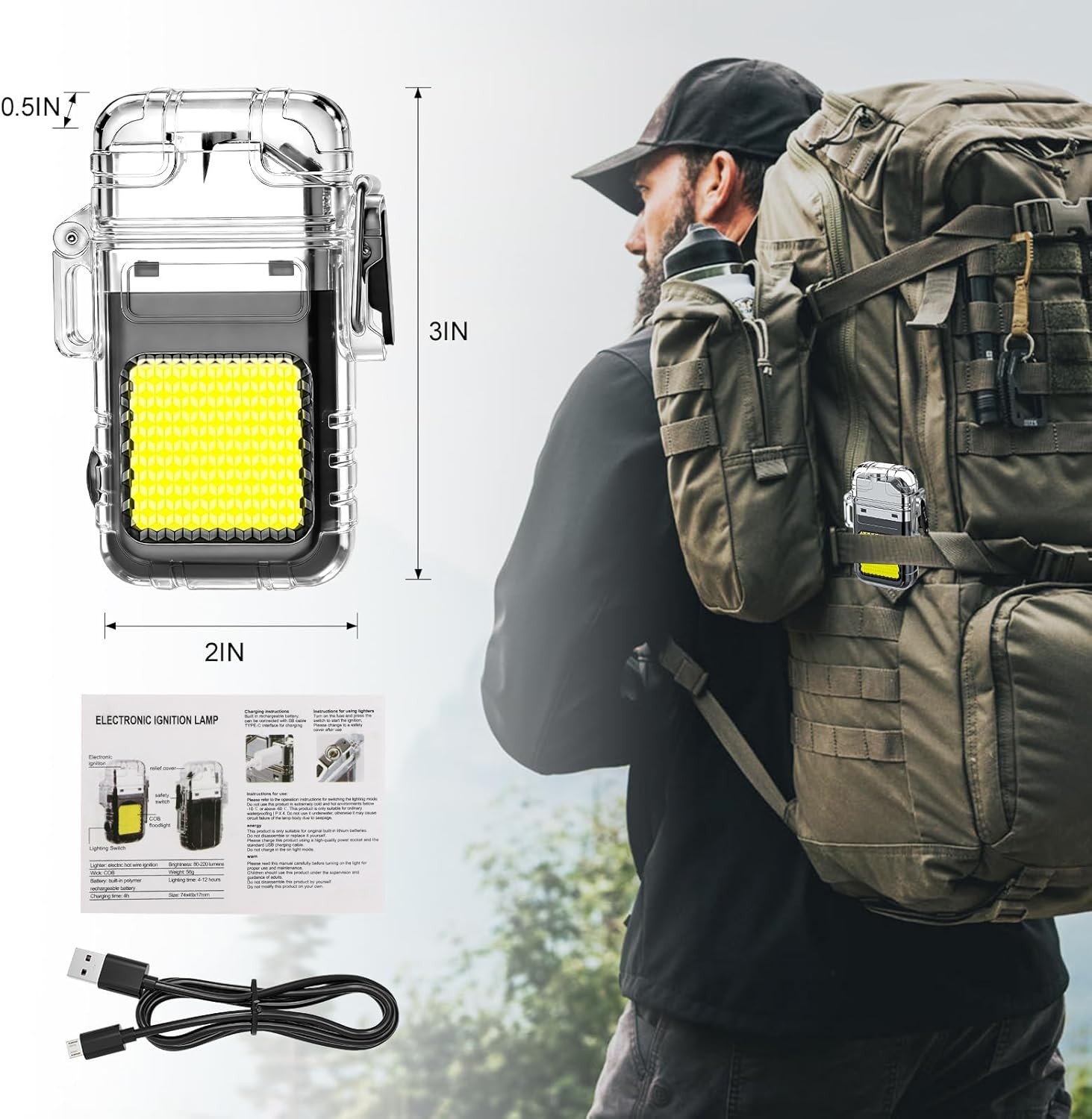 2-Pack Waterproof Dual Arc Plasma USB Lighter 3 Modes Flashlight Outdoor