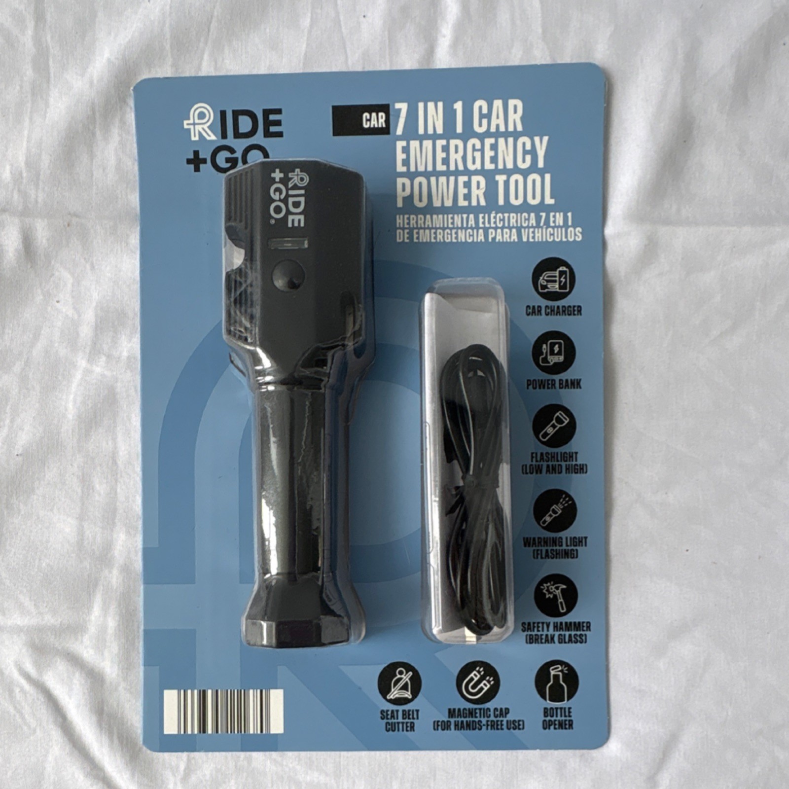 RIDE+GO 7-in-1 Emergency Power Tool Black Car Charger, Power Bank, Flashlight
