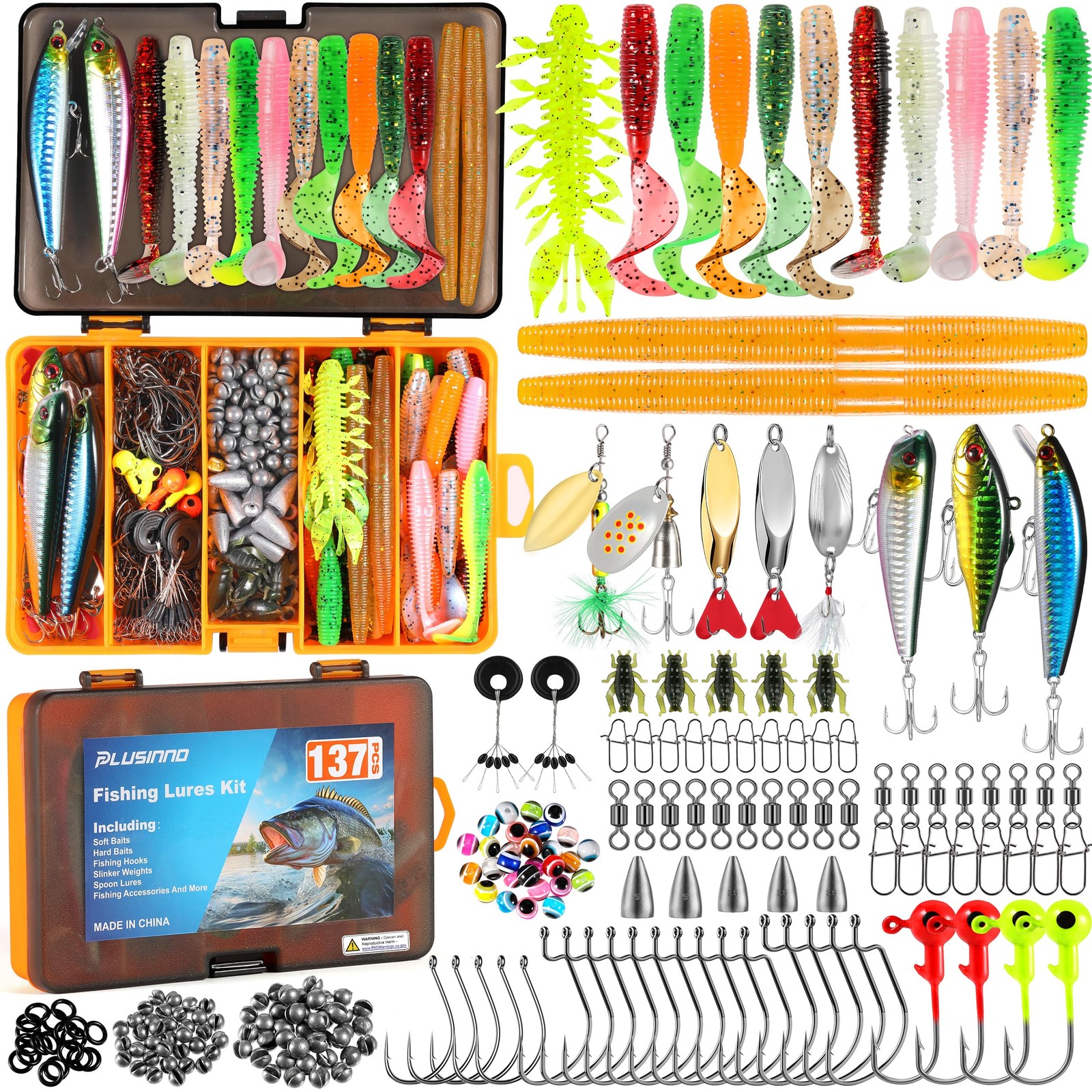 PLUSINNO Fishing Lures, 137Pcs Tackle Box with Included, 5″, ORANGE