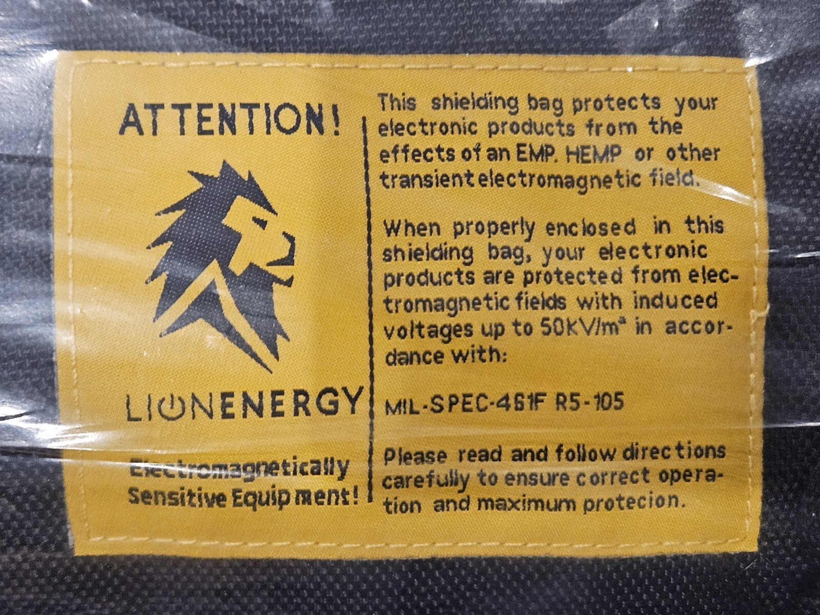 LION ENERGY MIL-SPEC 461-F R5-105 EMP SHIELDING BAG FOR ELECTRONICS – BRAND NEW