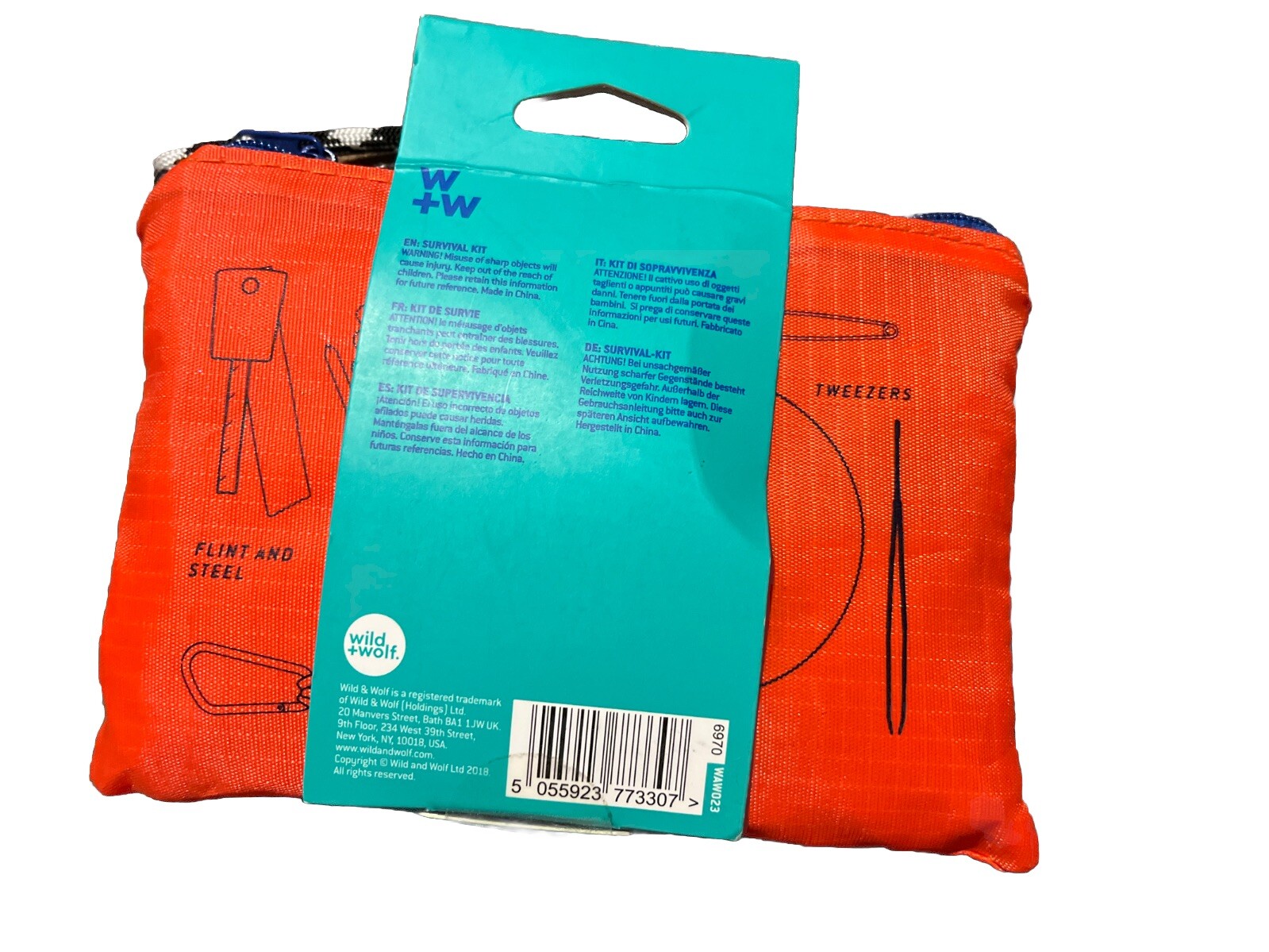 Wild + Wold Outdoor Survival Kit Flint Penknife Rope Wire Saw Pouch Safety Pins