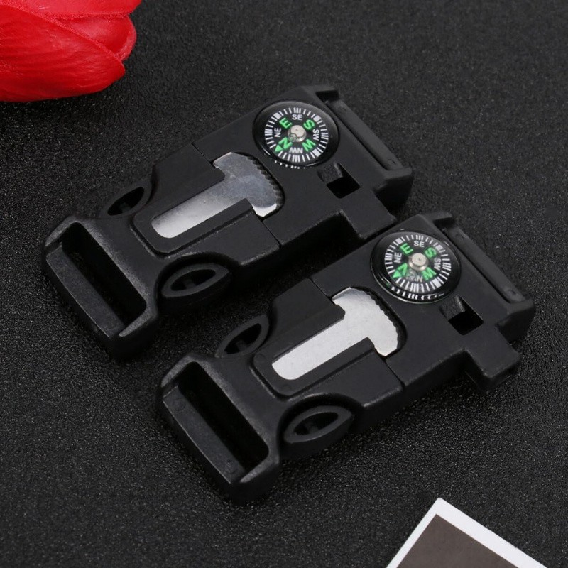 4pcs Outdoor Survival Buckle with Compass Whistle Fire Starter Black Backpack