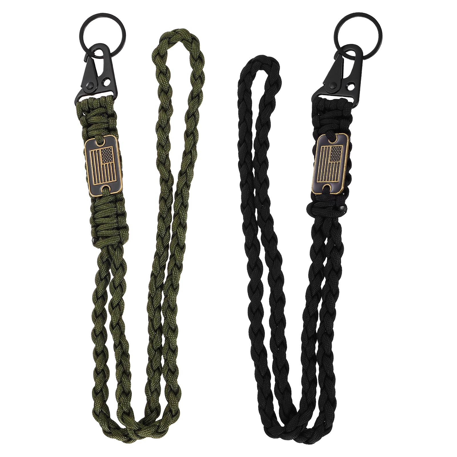2Pcs Paracord Lanyard, Strong Lanyard with USA Flag, Black, Olive Green