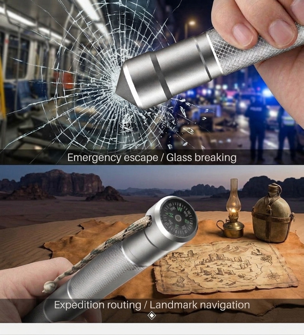 Detachable Aluminum Survival Rod, Outdoor Multi-Tool with Window Breaker Compass