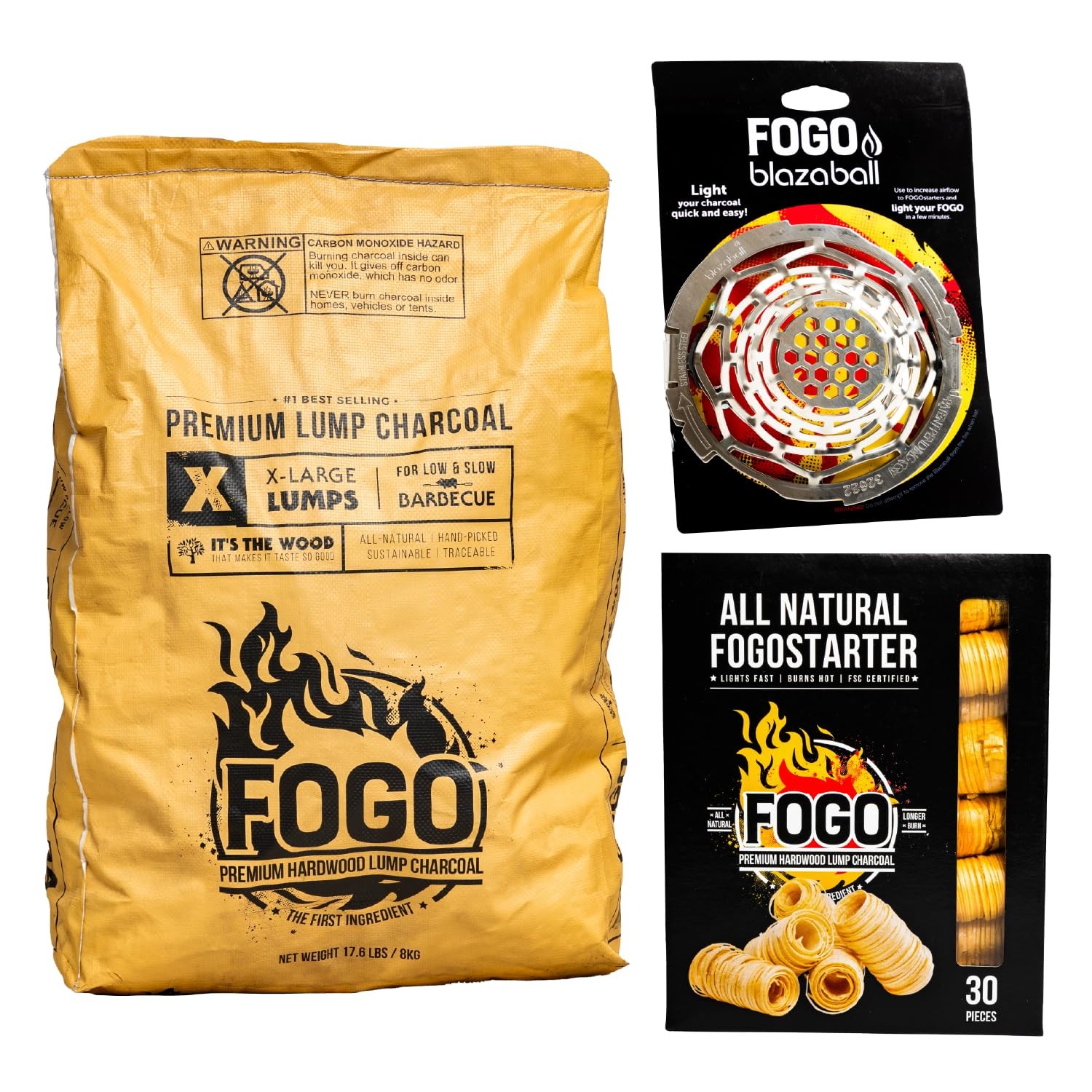 FOGO Premium Hardwood Natural Large Sized 17.6lb Bag + Starter Bundle, Black