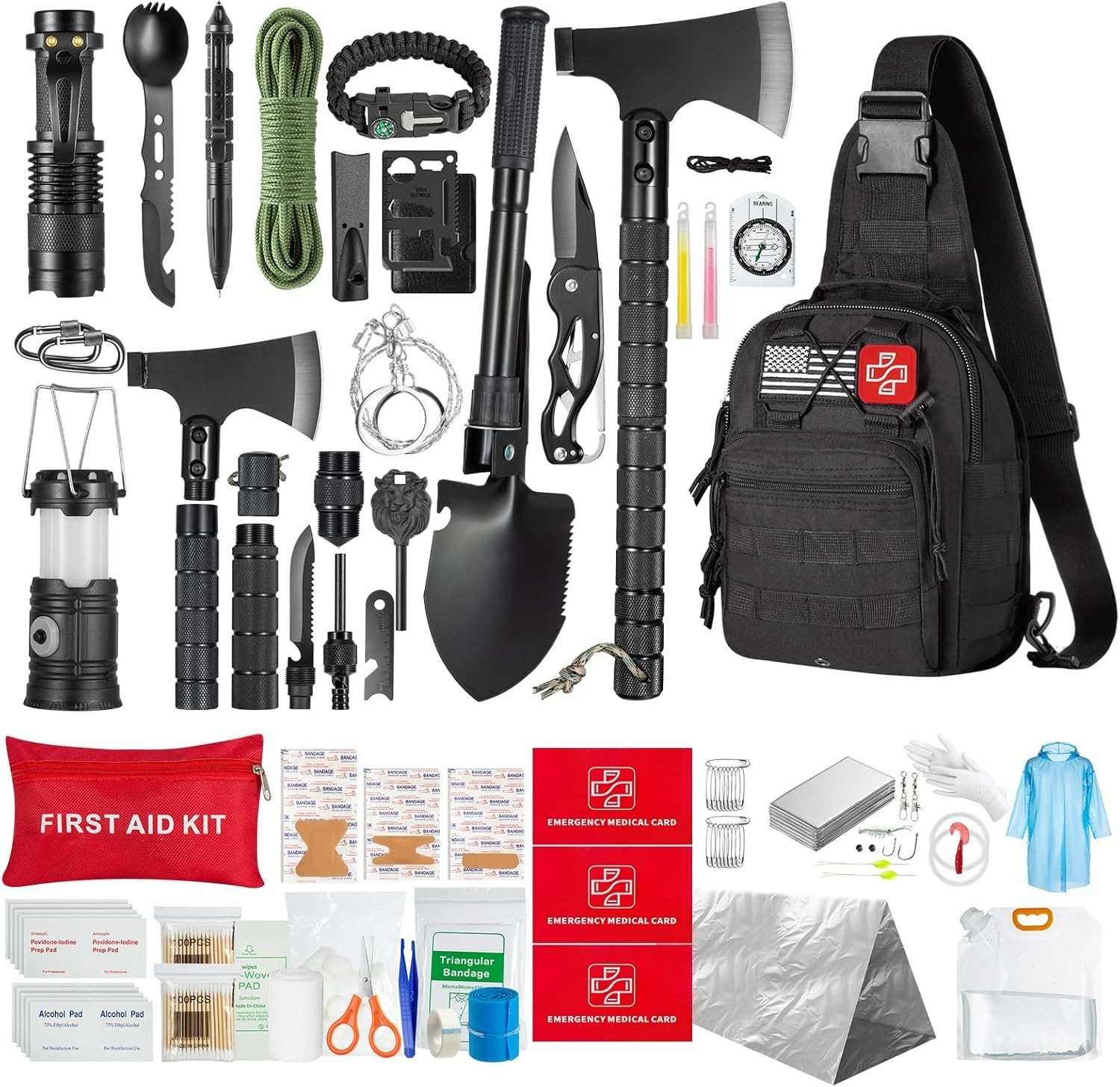 Outdoor Survival Kit with Carbon Steel Tools, First Aid & MOLLE-Compatible Bag