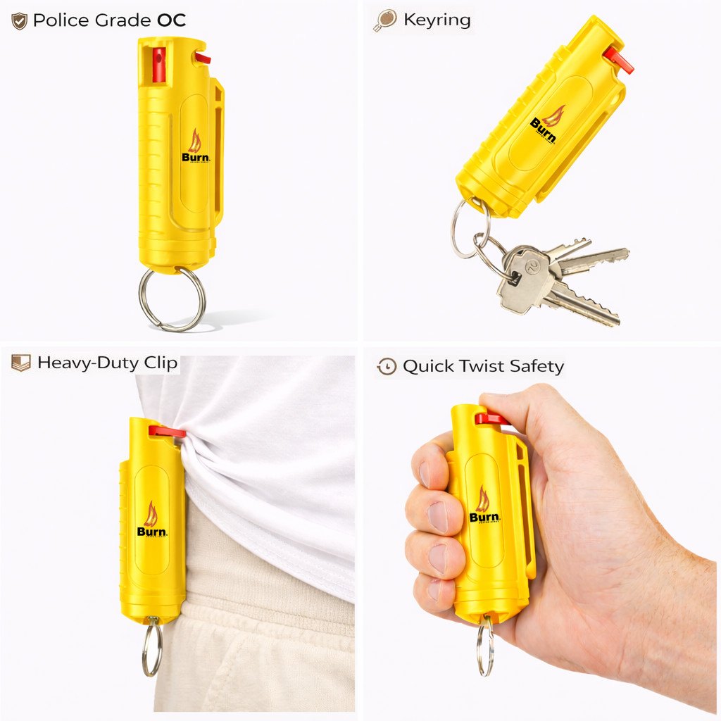 Burn Pepper Spray Keychain – 0.5 oz Maximum Strength OC Self Defense Yellow