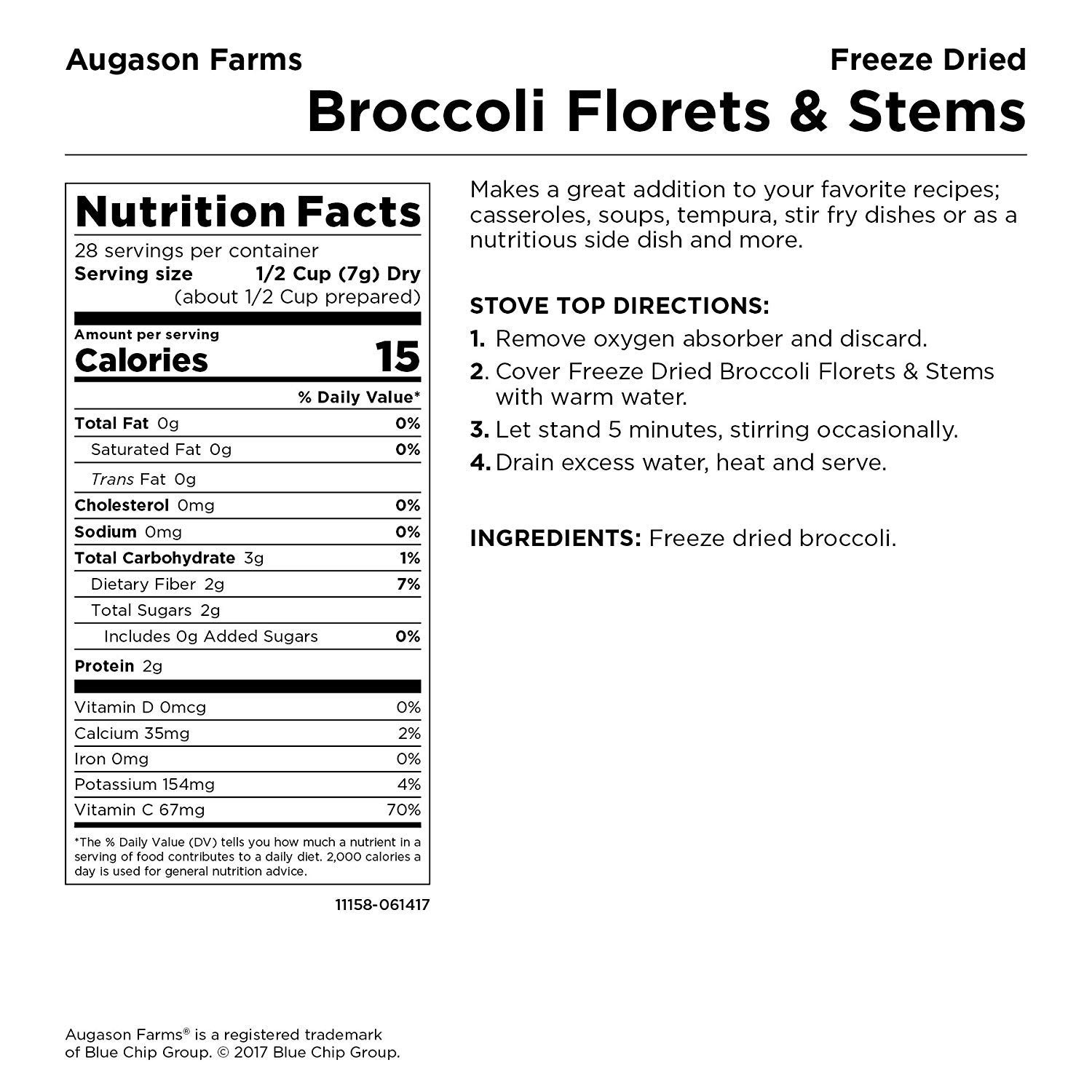 Freeze Dried Broccoli Florets and Stems Emergency Food Supply, 34 6 oz, White