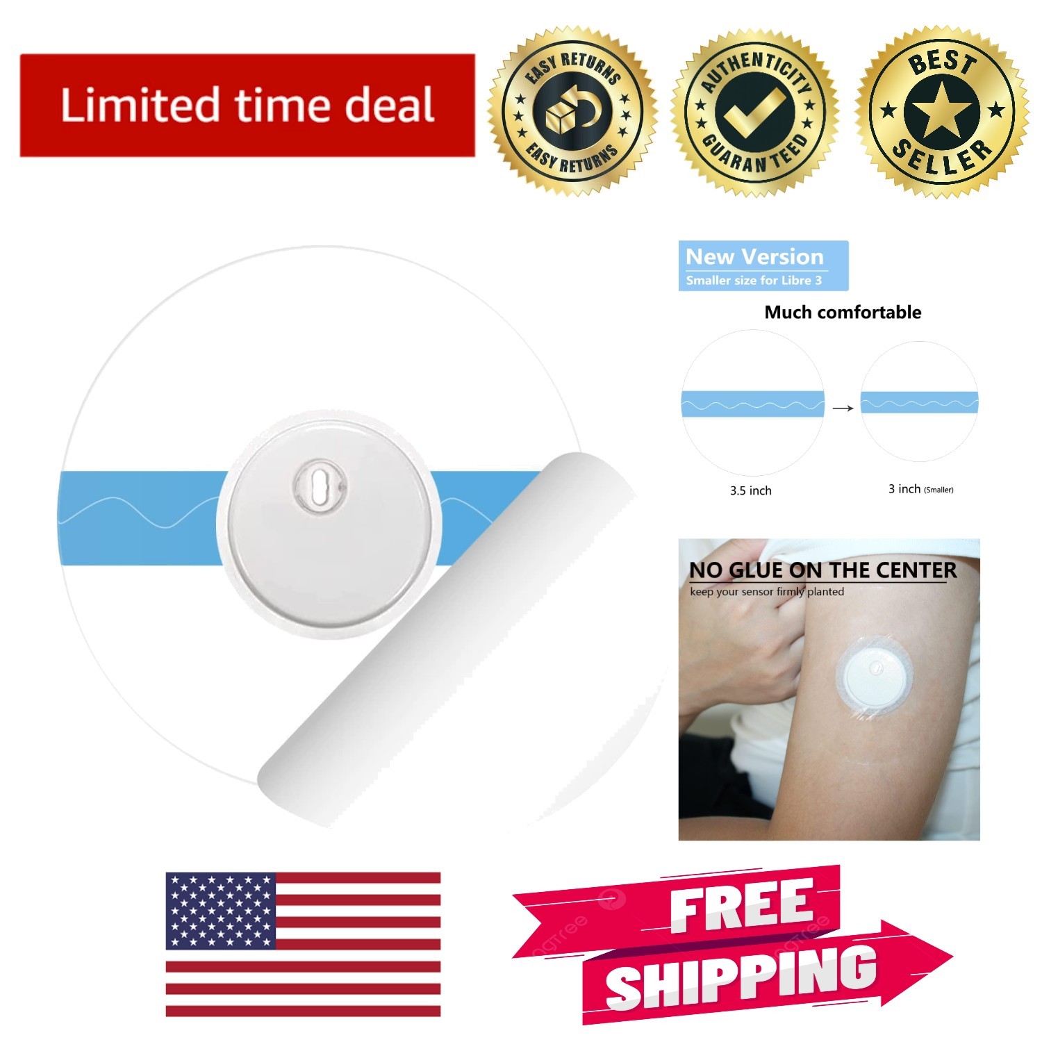 50 Pack Waterproof Overpatches for Libre 3 with No Center Glue – 14 Days
