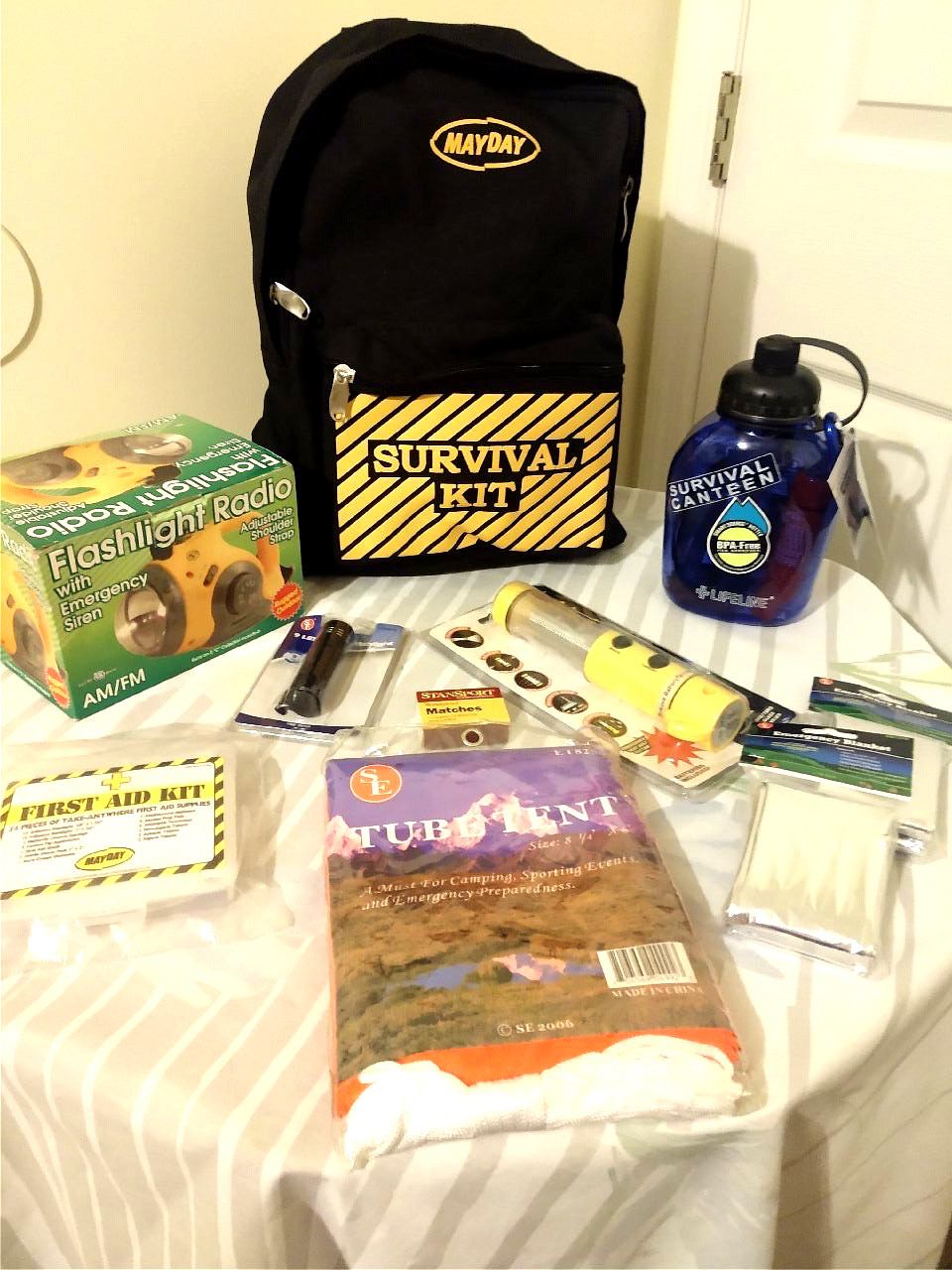 Survival Kit for 2: MAYDAY Delux Backpack + Canteen, Light/Binoculars + SPECIAL