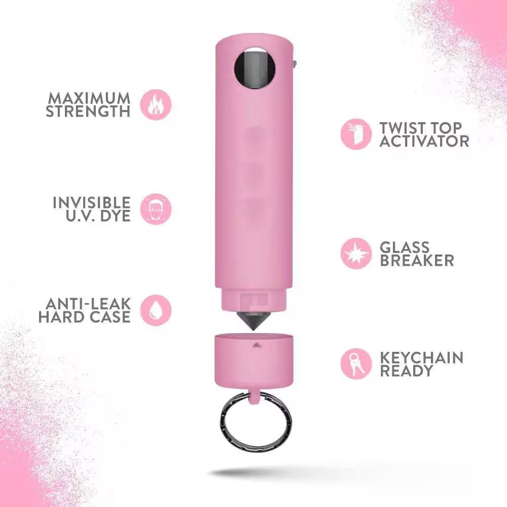 2-In-1 Pepper Spray, Harm and Hammer, with Auto Glass Breaker, Pink