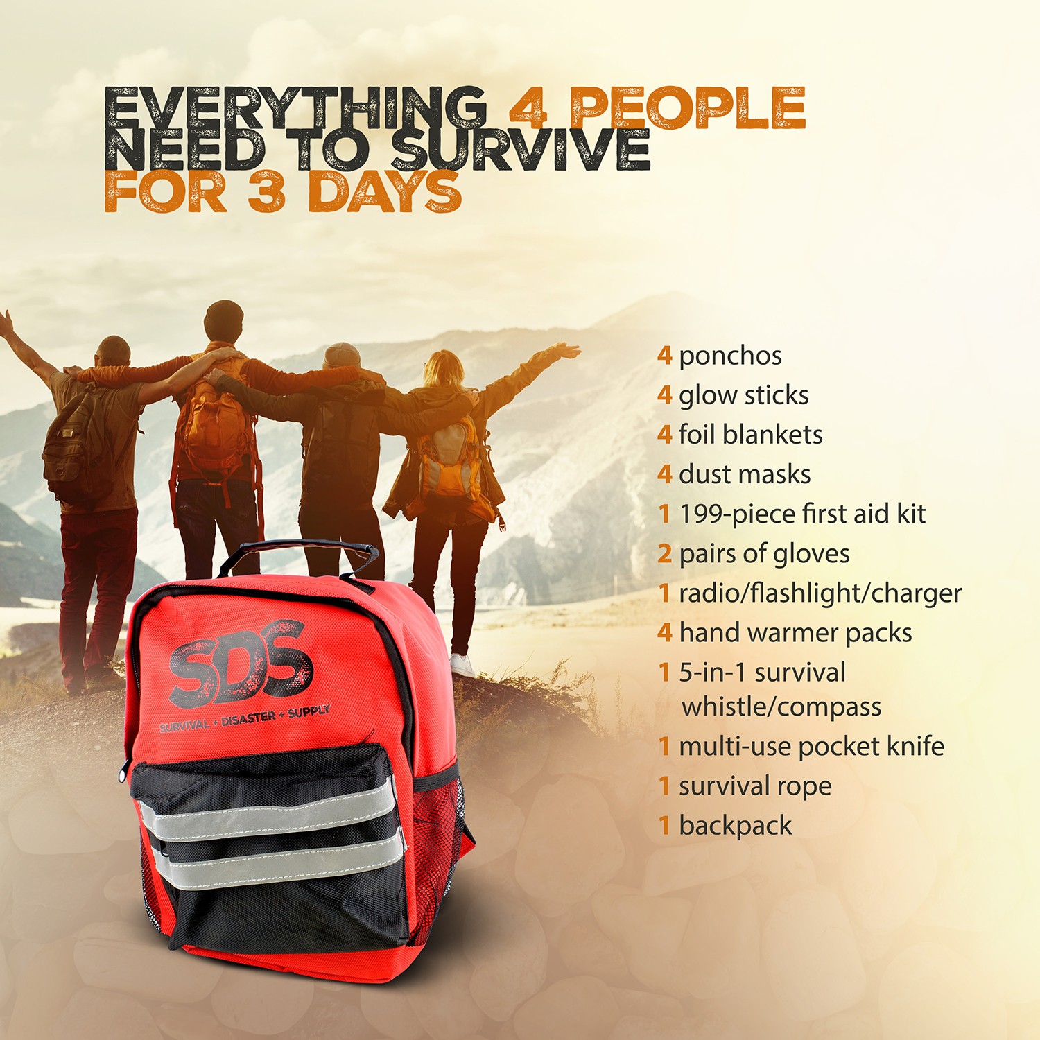 SDS | 4 Person 72 Hour Emergency Kit – First Aid Kit Bug Out Survival Gear Kit