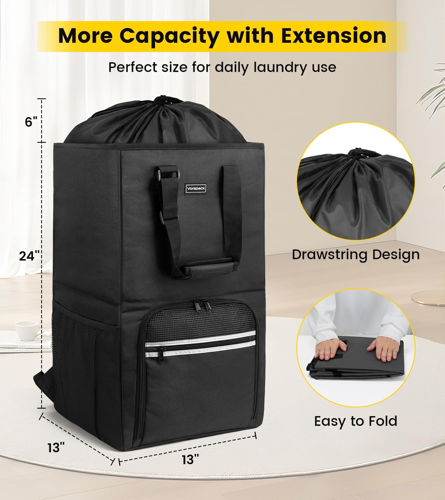 Vorspack Laundry Bag Backpack – Extra Large Bags with Large, Black