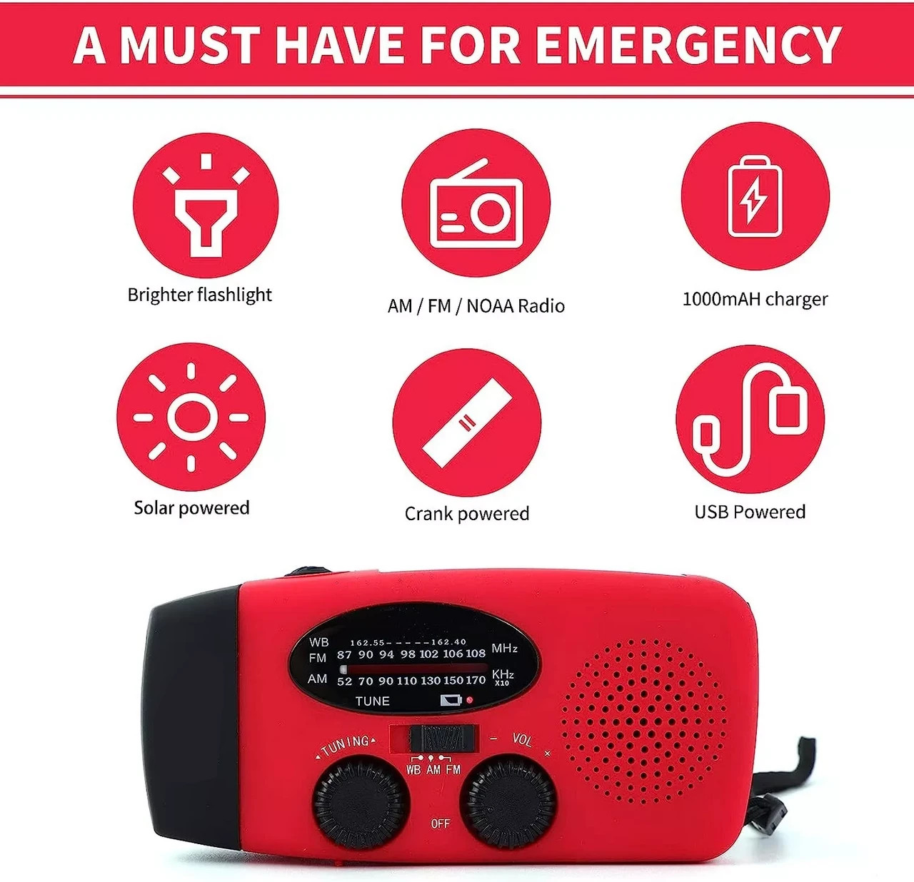 Emergency Crank Solar Power Bank Charger Flash Light Radio Hand Weather 1000mAh
