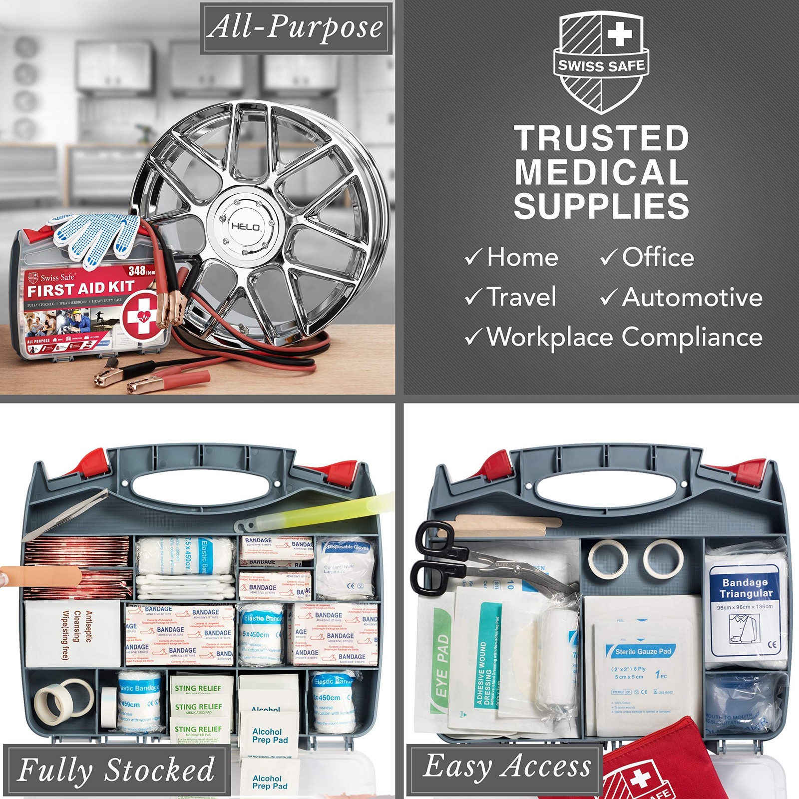 Swiss Safe 2-in-1 Car Emergency Kit | 12-FT Heavy-Duty Jumper 348 Piece Set