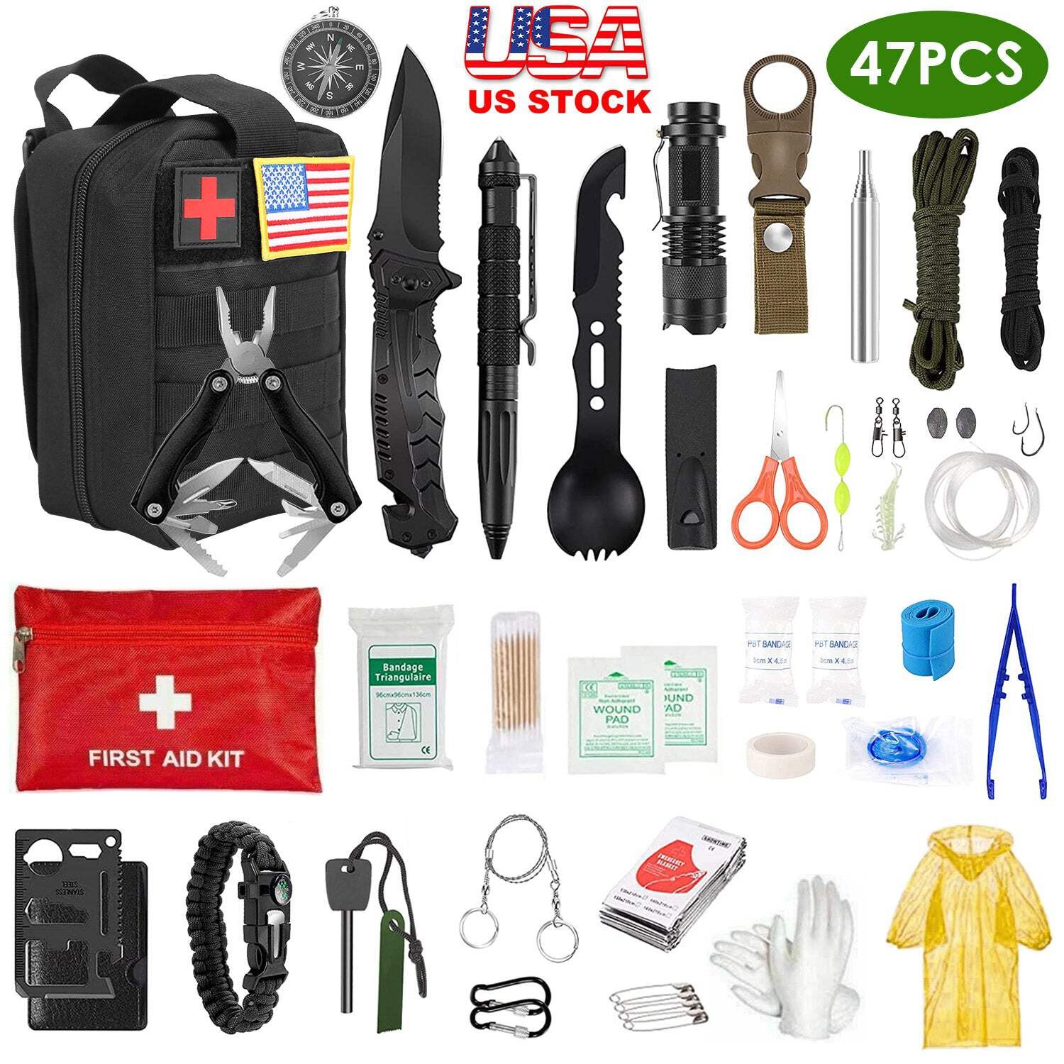 47Pcs Emergency Survival Kit Survival EDC Gear Equipment Tool First Aid Supplies