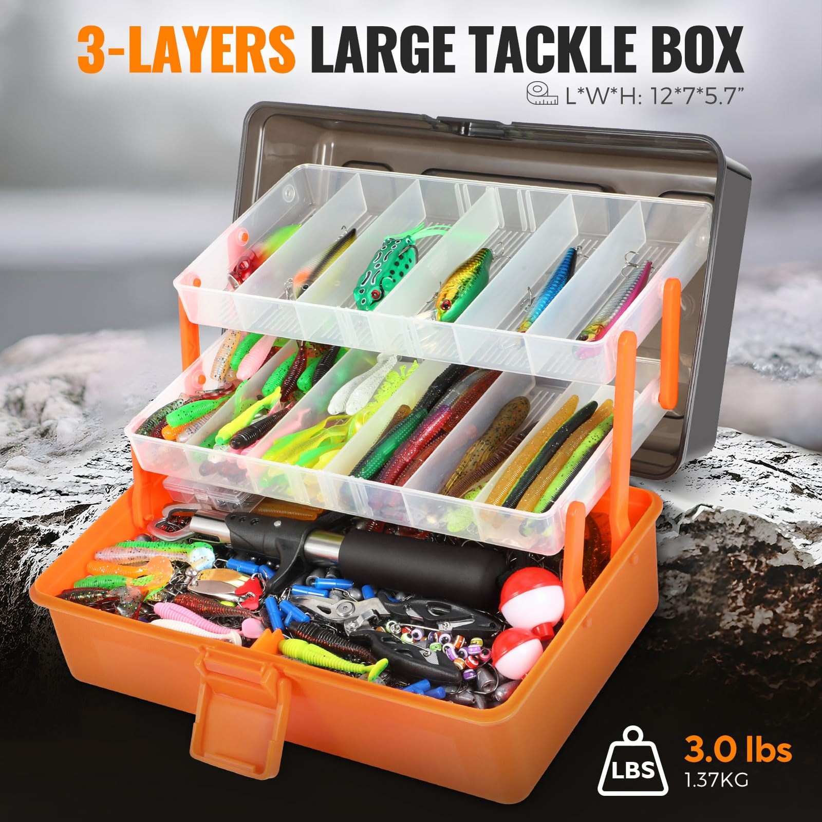 PLUSINNO Large 3 Layers Fishing Tackle 12x7x5.7 inches, 415 Pcs Lures