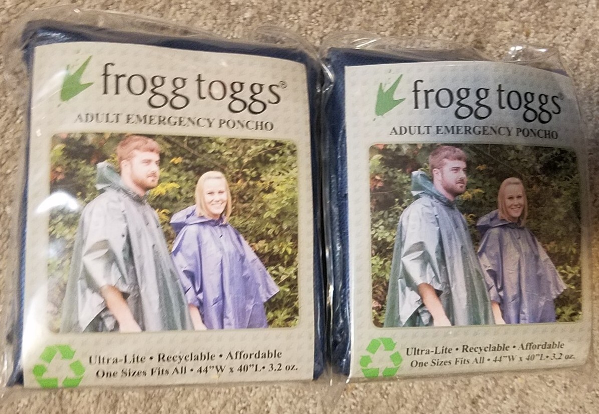 2 New Frogg Toggs Adult Emergency Poncho One Size Fits All 44″W x 40″L 3.2 oz