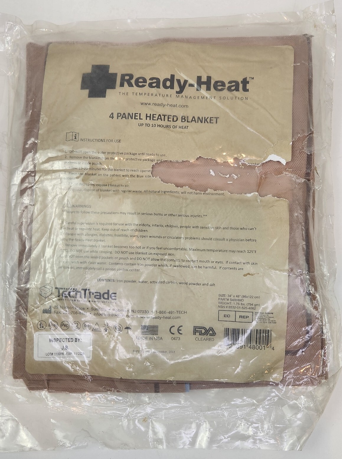 Ready-Heat 4 Panel Heated Disposable Emergency Blanket *DAMAGED OUTER PLASTIC*
