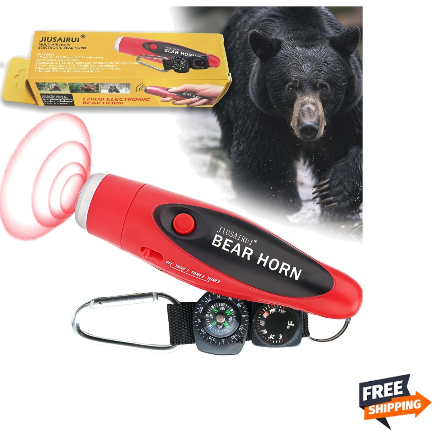 Portable 120dB Bear Deterrent Horn with Compass & Thermometer for Outdoor Safety