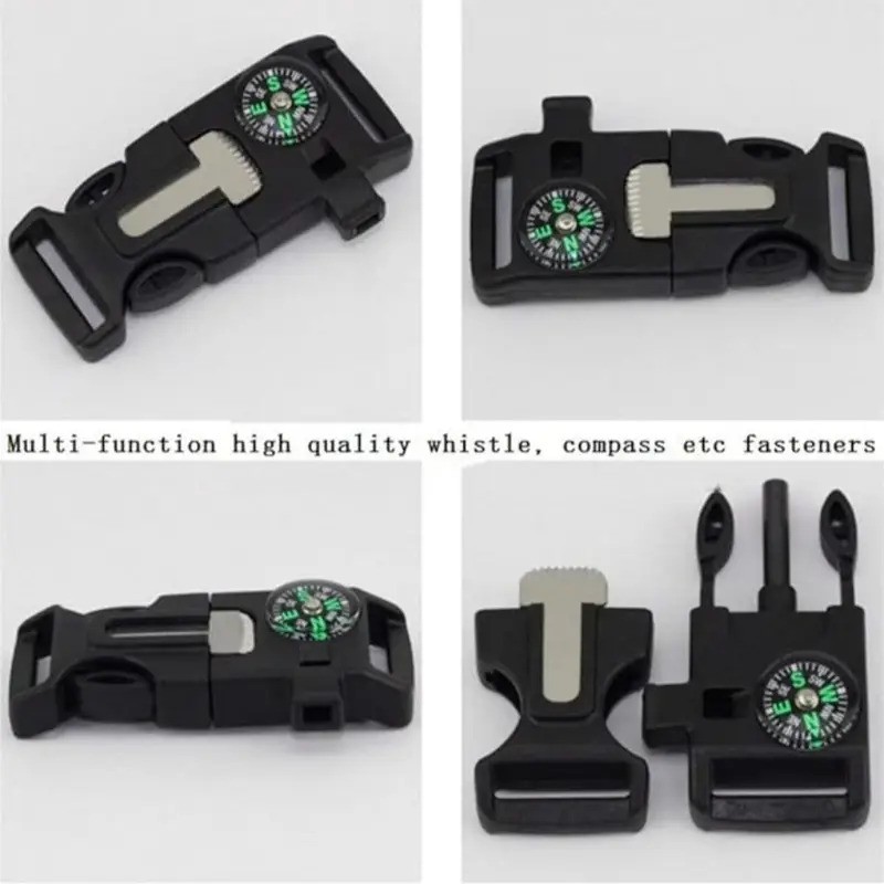 4pcs Outdoor Survival Buckle with Compass Whistle Fire Starter Black Backpack