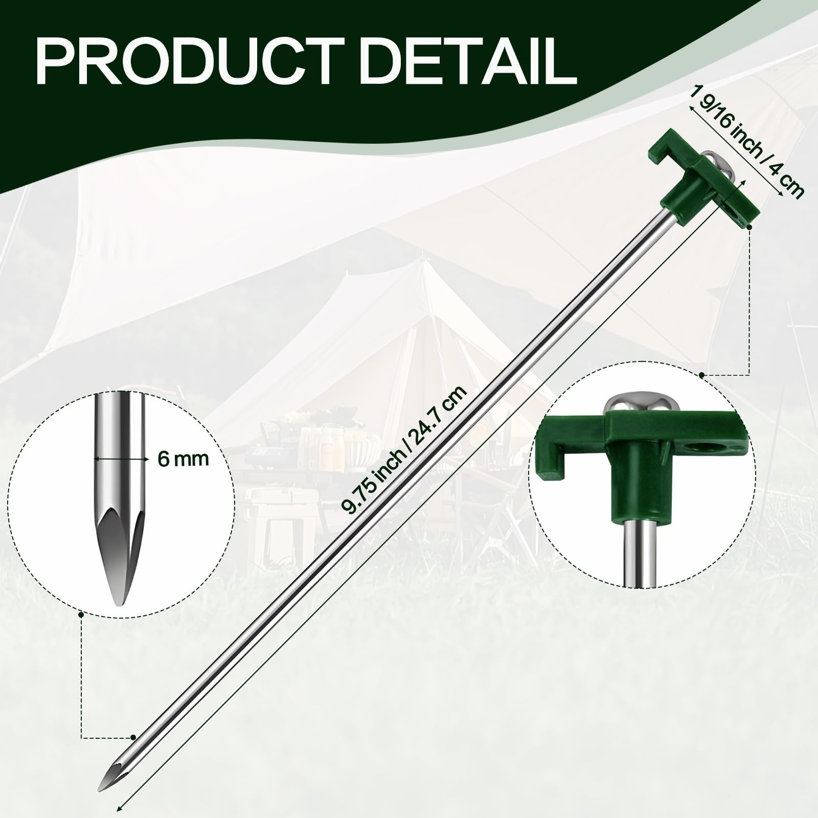 Nexboraque 10 Pack Tent Stakes – 9.75 Inch Galvanized Non-Rust Green 10Pcs