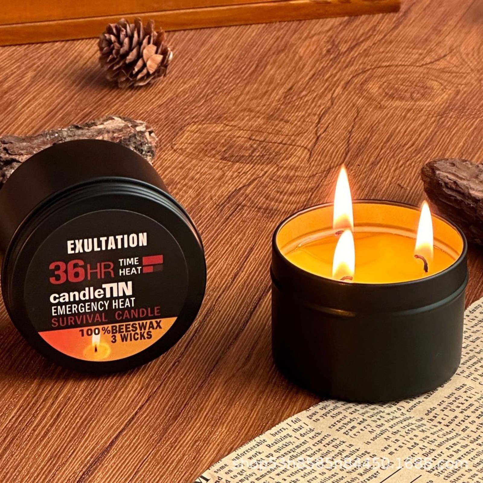 Survival Candle Tin 100% Natural Beeswax 3-Wick Candle Outdoor Camping Emergency