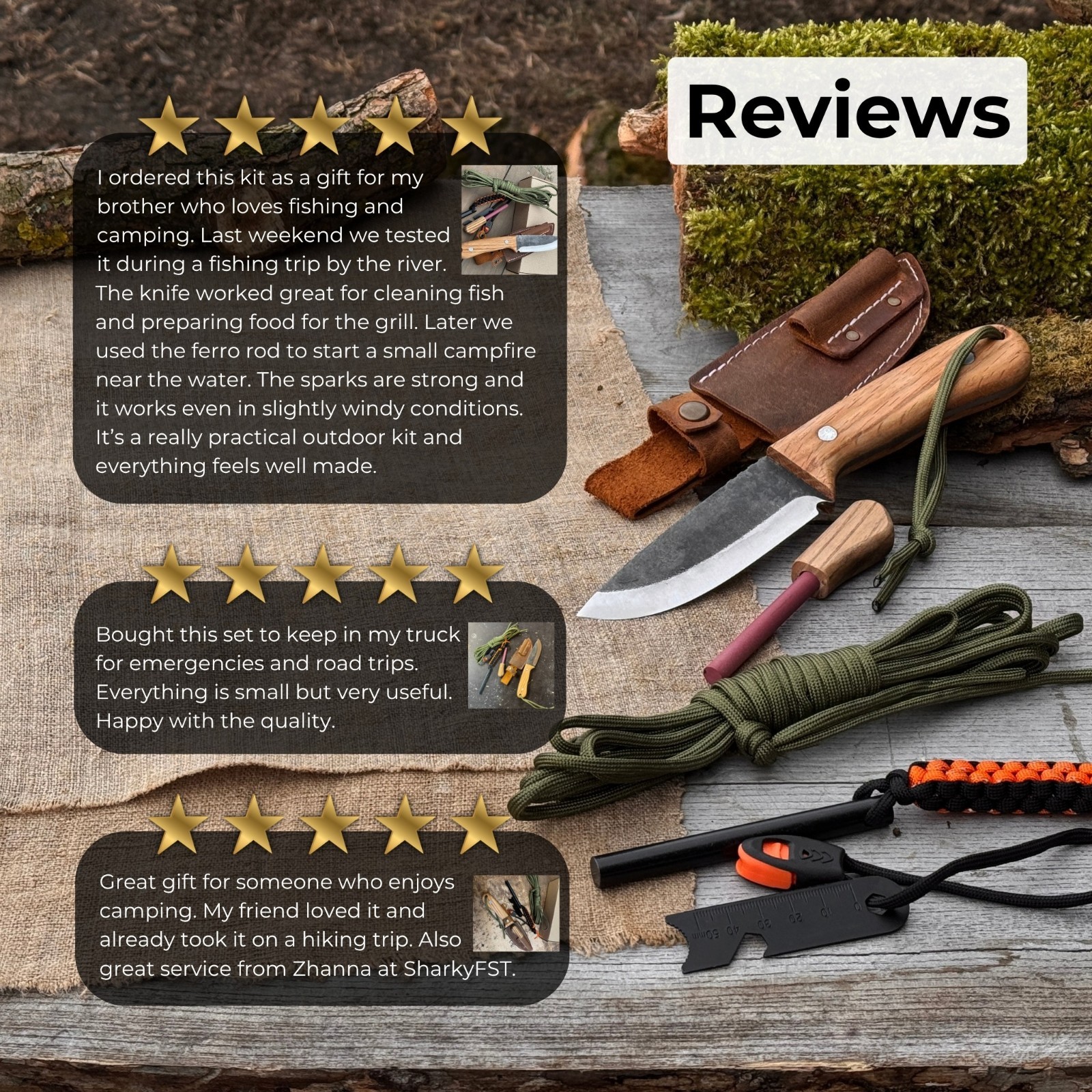 Hiking Kit Bushcraft Knife Set with Forged Knife Ferro Rod Paracord Camping Gear