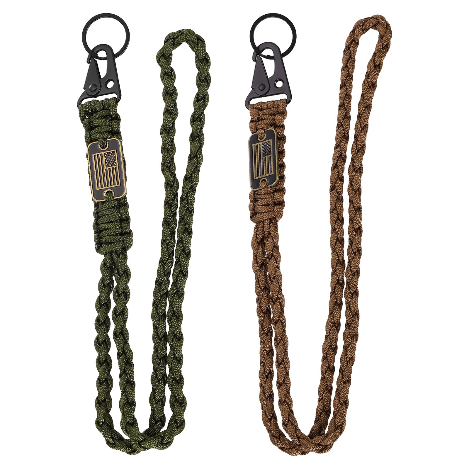 2Pcs Paracord Lanyard, Strong Lanyard with USA Flag, Green, Brown
