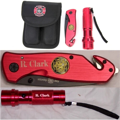 Firefighter Survival Knife and Flashlight Set by BarTech Pro ^c