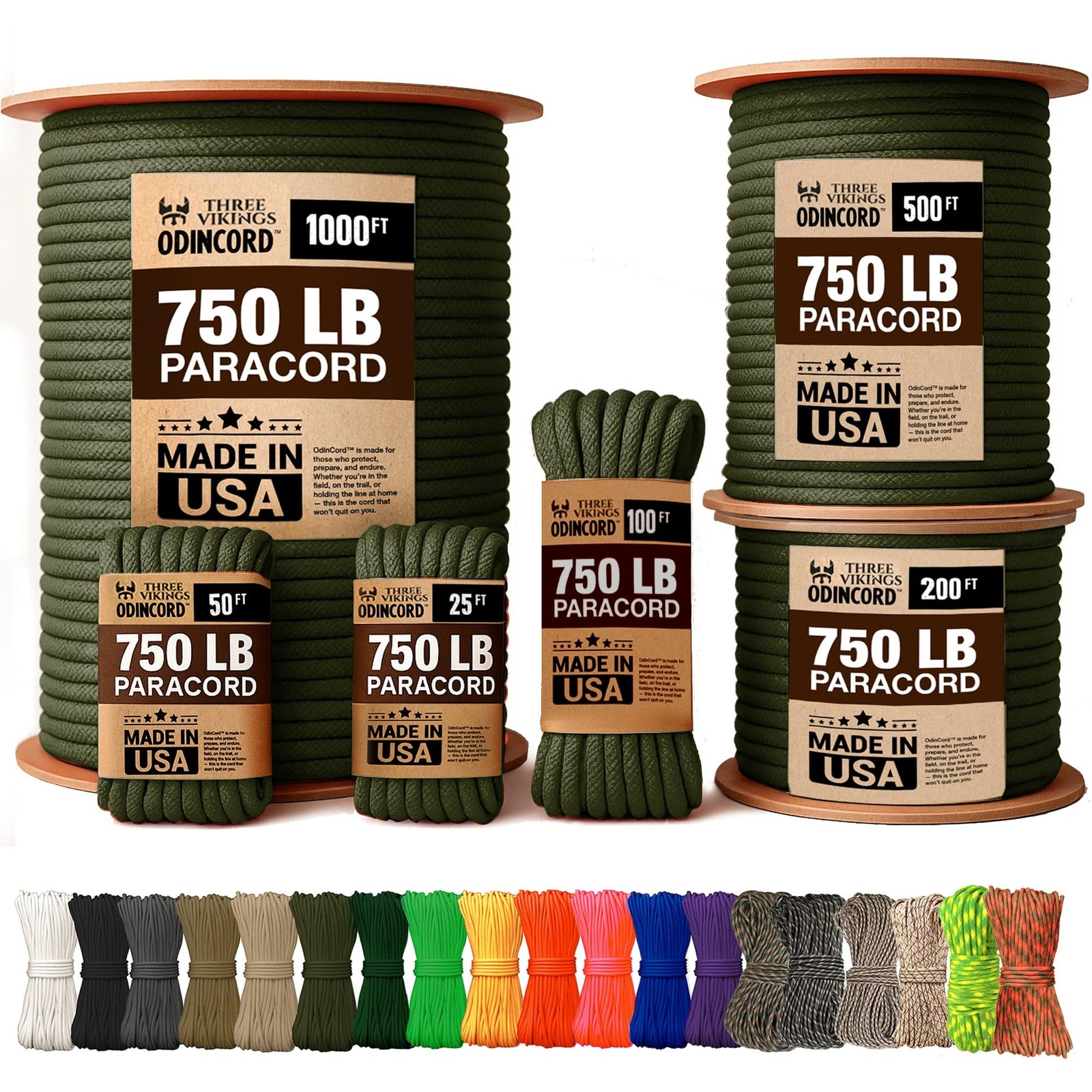 Three Vikings Paracord Rope – Made in USA – 750lb – 100% 50 ft, Olive Drab