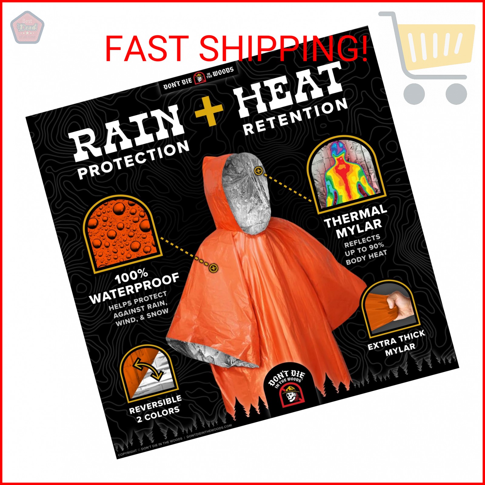Don’t Die In The Woods – Survival Poncho [1-Pack] – Rain Protection + Heat Reten