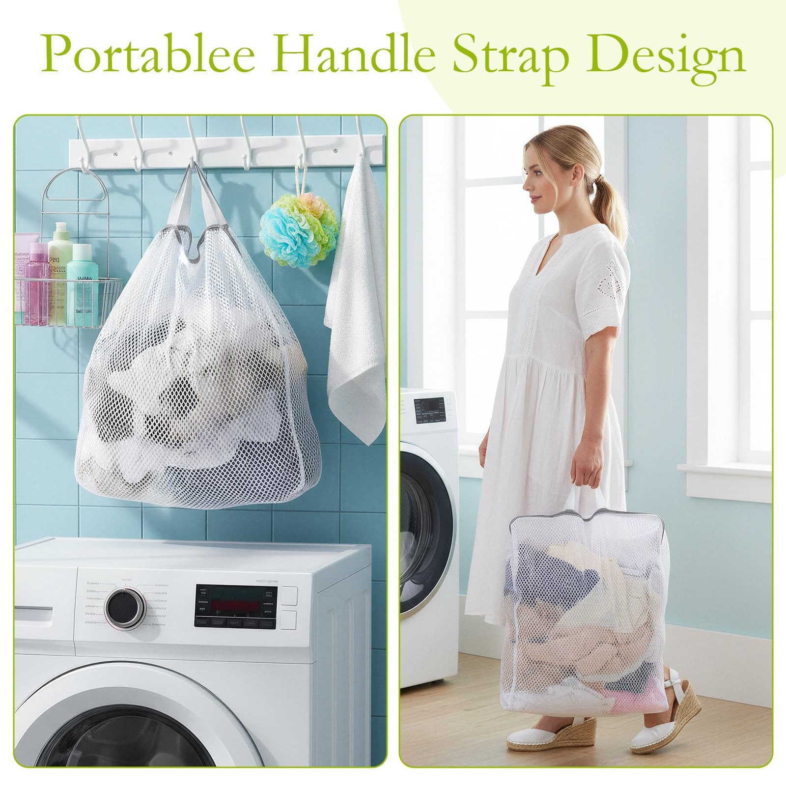 2Pcs Mesh Hanging Laundry Bags, Wash Bag for 11.8 x 15.7 inches, White